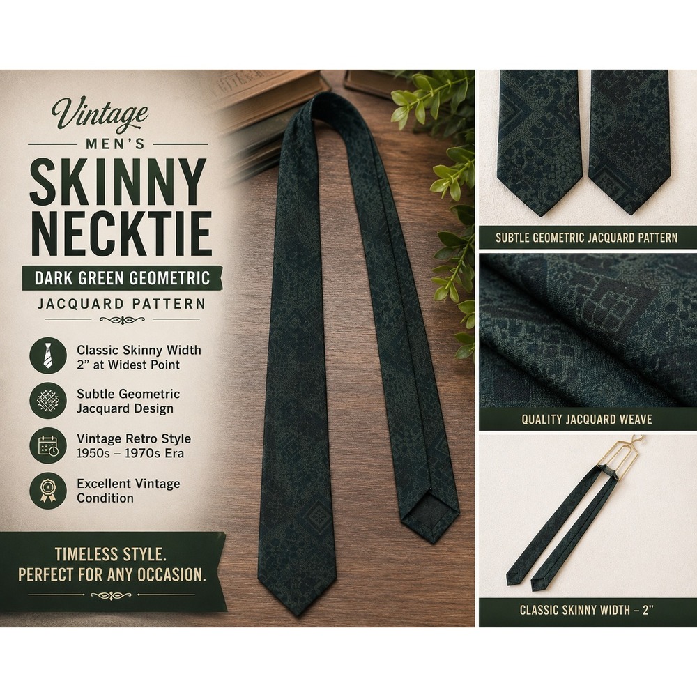 Vintage Mens Skinny Necktie Dark Green Geometric Jacquard Retro 2 Inch Tie